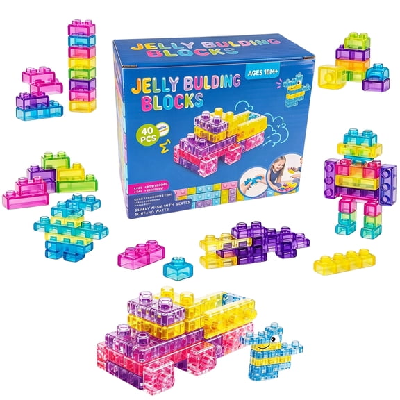40 PCS Soft Sensory Jelly Building Blocks, Translucent Flexible Stacking Blocks STEM Educational Toy for Toddlers Ages 18M