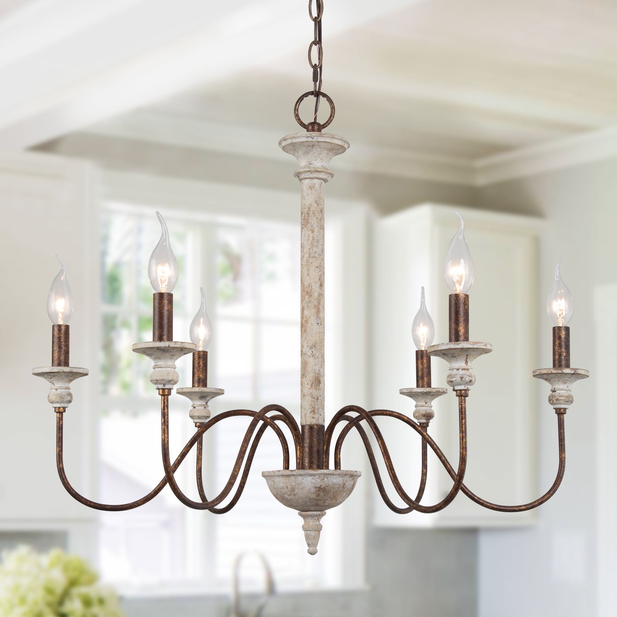 Lnc 6 Light French Country Wood Chandelier For Dining Room Distressed