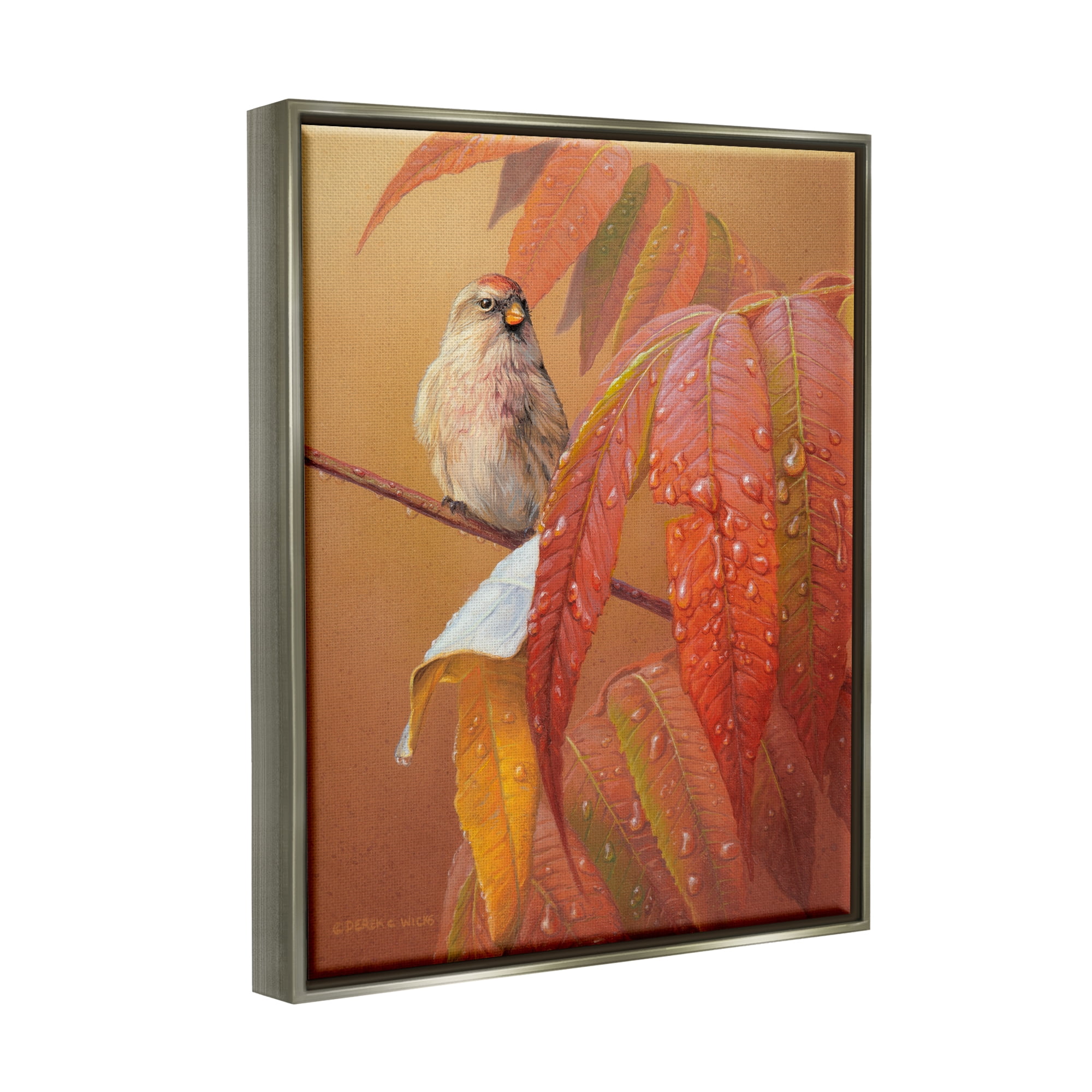 Stupell Industries Bird on Autumnal Branch Animals & Insects Painting Gray Floater Framed Canvas Art Print Wall Art, 25 x 31