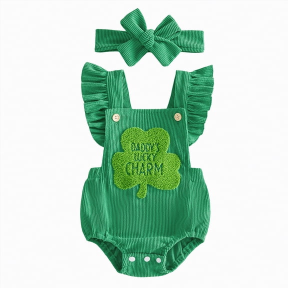 mgoYE My First St Patricks Day Baby Girl Outfit Newborn Summer Ruffle Romper Corduroy Sleeveless Jumpsuit Cute Summer Clothes(Green,3-6 Months)