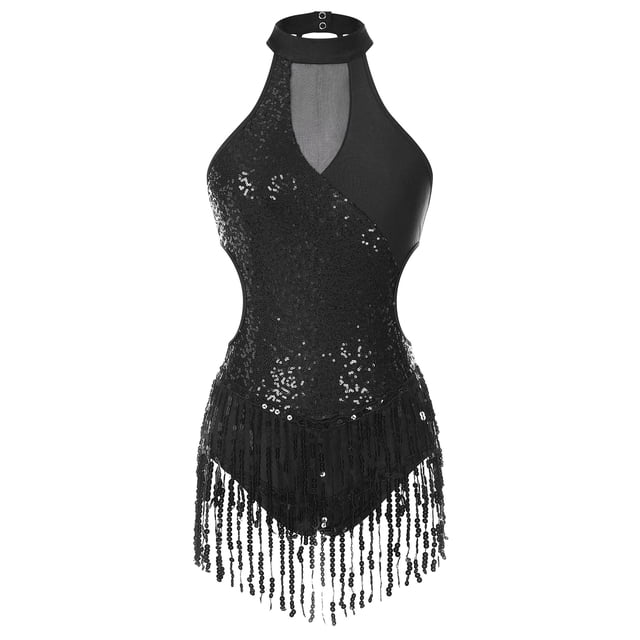 renvena Robe de Danse Latine Jazz Scintillante à Franges et à Pampilles, Color Block, Lyrique, pour Femmes, Noir, M