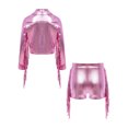 thumbnail image 4 of TTAO Girls 90s Theme Concert Rave Disco Hip Hop Dance Outfit Cowgirl Shiny Metallic Fringe Jacket with Shorts Set Pink 16, 4 of 7