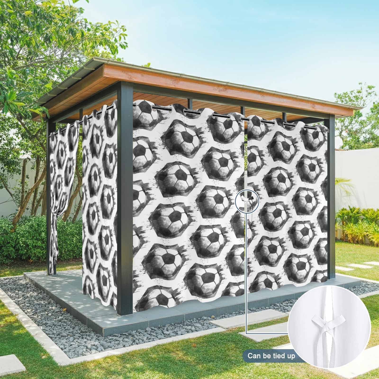 Black Soccer Outdoor Curtains for Patio, Modern Classic Football Match Sport White Wood Grain Sunshade Privacy Drapes Grommet Waterproof Outside Curtains for Porch/Cabana/Balcony 54"x 84", 2 Panel