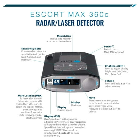 Escort MAX 360c Laser Radar Detector - WiFi & Bluetooth Enabled, 360° Protection, Extreme Long Range, Voice Alerts, Apple CarPlay & Android Auto Compatible