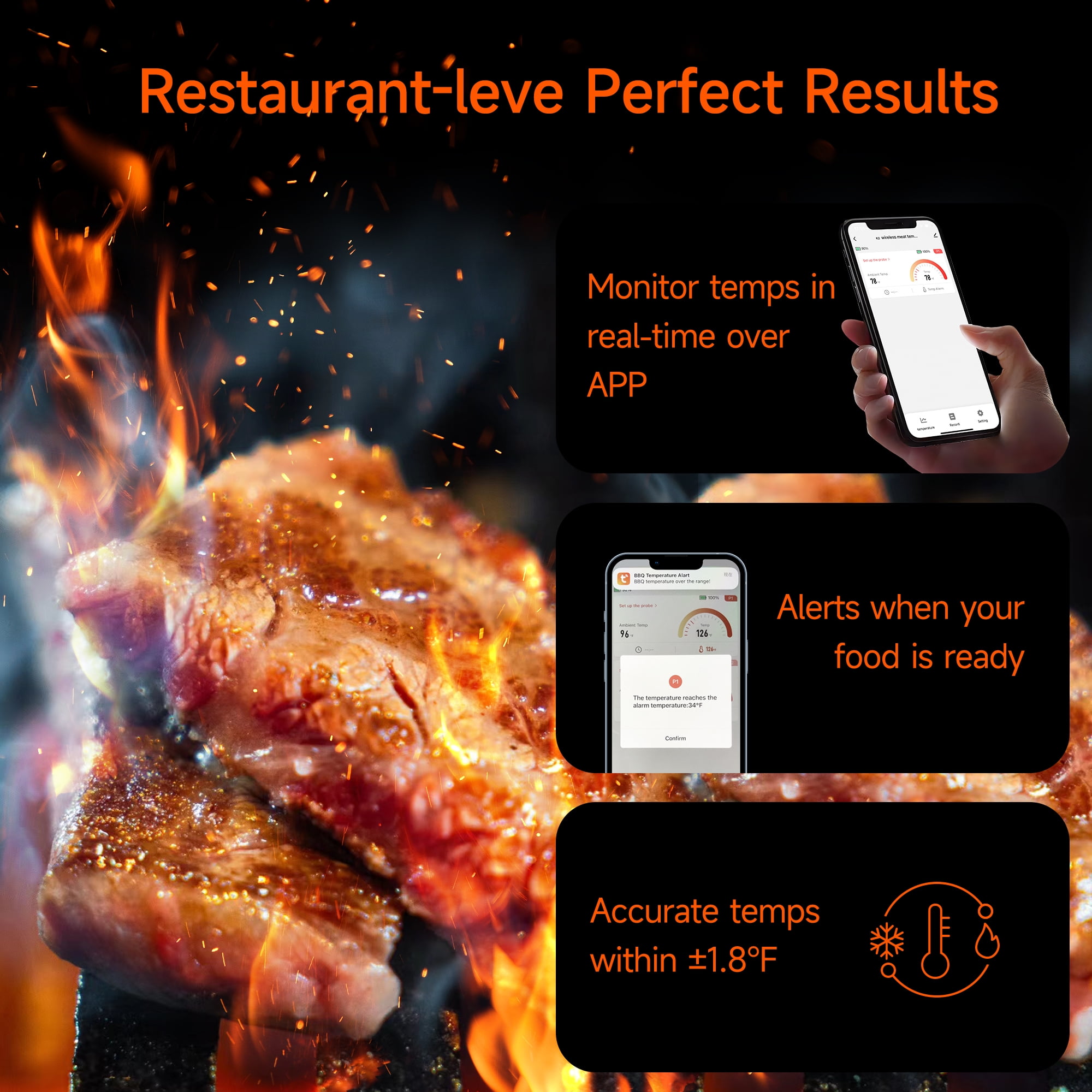 AlfaBot Wireless Meat Thermometer, Standalone Base with Display & Control, Alarm, Long Bluetooth Range, High-Temp-Resist Food Thermometer for Grilling and Smoking, Cooking, Oven, Rotisserie
