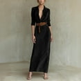 thumbnail image 2 of IWRICH Women's Suede Leather Dress Fall Long Sleeve Lapel Button Maxi Shirt Dress with Belt Black L, 2 of 5