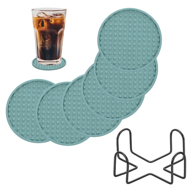 Juego de 6 Posavasos Redondos con Soporte, Antideslizante, Resistente al Calor, Azul Claro