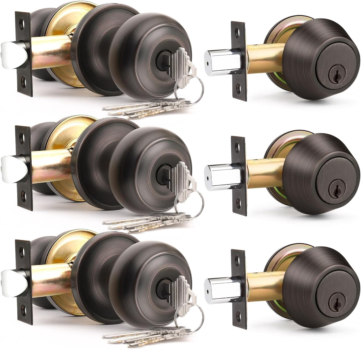 3 Pack Keyed Alike Front Door Knob and Deadbolt Set, Entry Door Locksets with Single Cylinder Deadbolt, Matte Black Flat Round Door Lock Set for Bedroom/Office/Exterior Doors