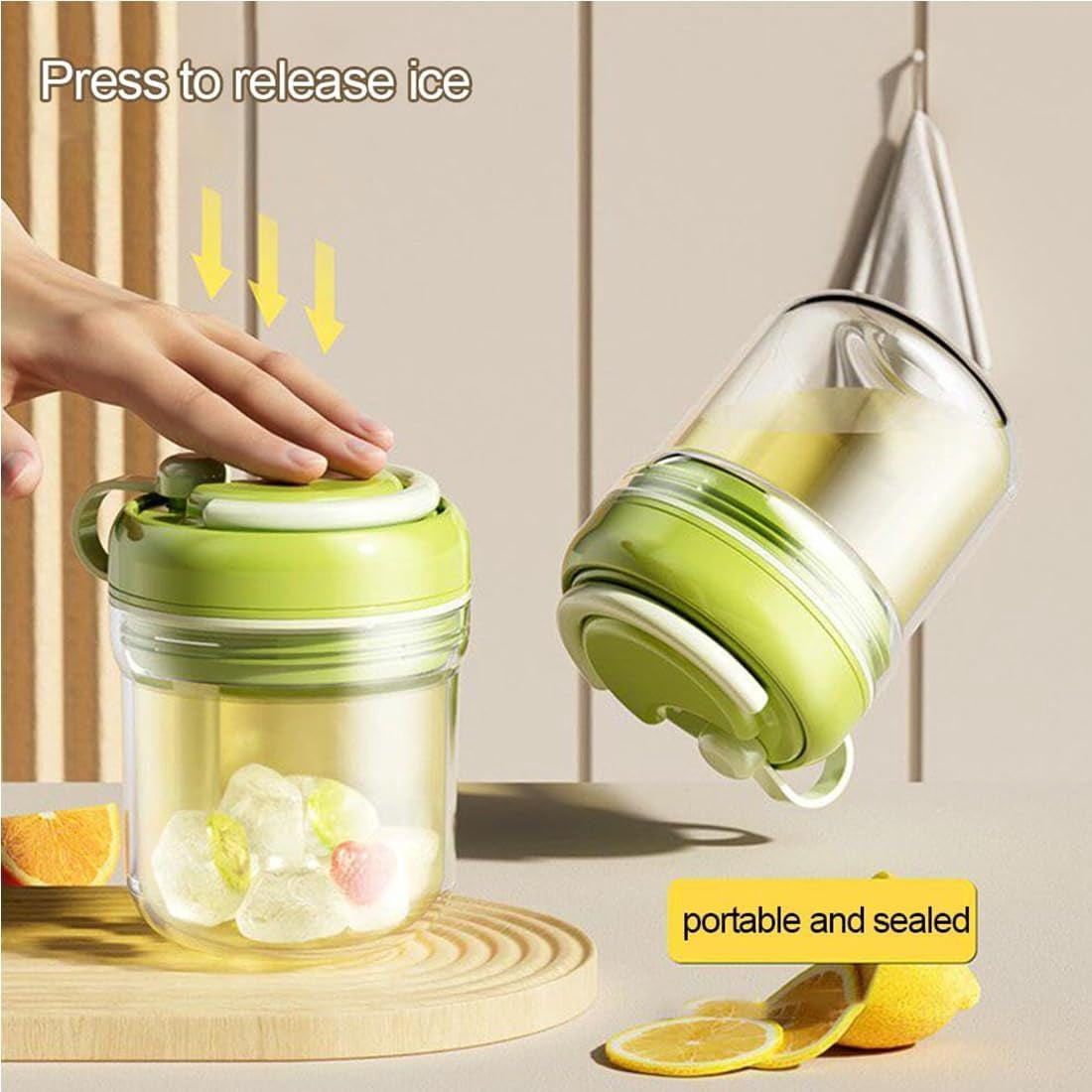 2-in-1 Ice Cube Bottle with Straw, Silicone Push-Release Ice Cube Cup, Touch-Free Press-to-Dispense Ice Tray for Iced Coffee, Cocktail, Whiskey & Juice, Home Office Outdoor