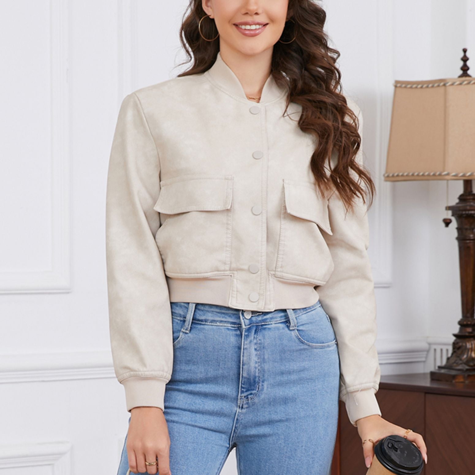 Defitshape Women's Cropped Bomber Jacket Button Down Shackets Faux Leather Biker Coat Long Sleeve Fashion Crop Top Date Night Moto Jacket Short Varsity Jackets With Pockets Beige 6