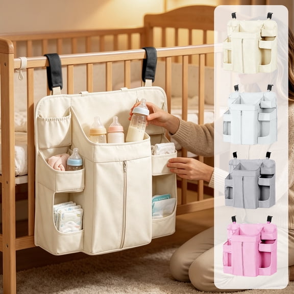 Baby Crib Diaper Organizer Hanging Nursery Storage Rack with Multi Pockets, Waterproof Washable Oxford Diaper Caddy for Newborn Essentials