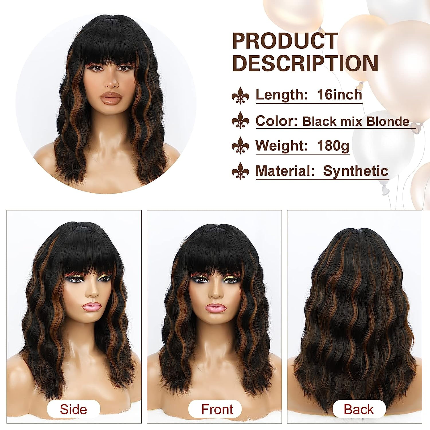 SUCS Short Black Mix Brown Wig with Bangs Short Brown Wavy Wig for Women Shoulder Length Brown Wig Synthetic Highlight Wavy Wig Heat Resistant Short Wavy Wigs for Daily Party Use