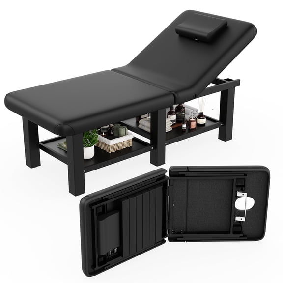 Stationary Massage Table Folding Bed with Backrest for Treatment Table Physical Therapy Table Spa Facial Bed, Metal Frame PU Leather, 30.5"Wx75"L, 660lbs, Black