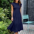 thumbnail image 3 of QUYUON Casual Midi Dresses for Women Short Sleeve Round Neck Wedding Guest Mid-Length Dress Summer Beach Sundress Solid Color Ruffle Tiered Pleated A-Line Dress Style D-4760 Navy L, 3 of 7