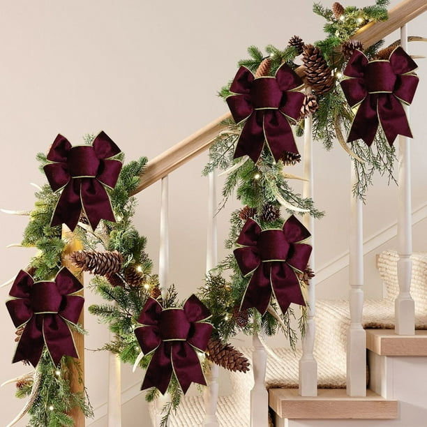 Lazos para decoración del árbol de Navidad | Tela de terciopelo | Rojo, azul, amarillo, beige | 5 Pack | Grandes 6,7x8,3 | Decoración navideña duradera para regalos, coronas, puertas, chimeneas,