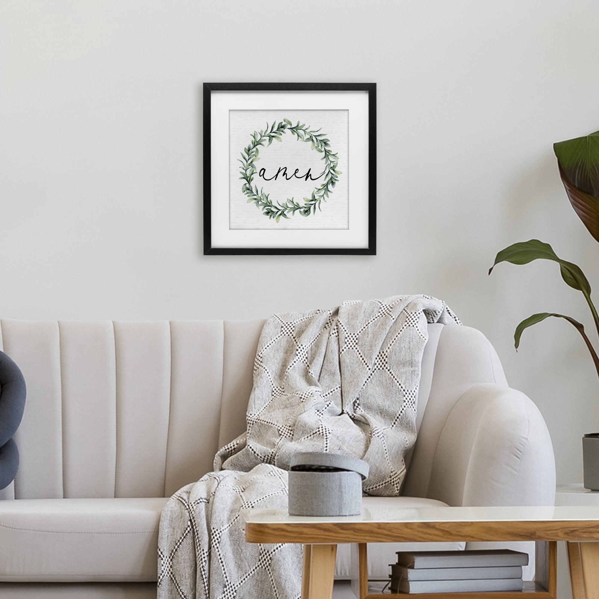 Amen Botanical Wreath & Script Black Framed Print Under Glass, design by Lettered and Lined