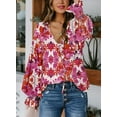 thumbnail image 3 of EVALESS Boho Tops for Women Casual V Neck Long Sleeve Drawstring Button Chiffon Blouses Shirt Rose S, 3 of 4