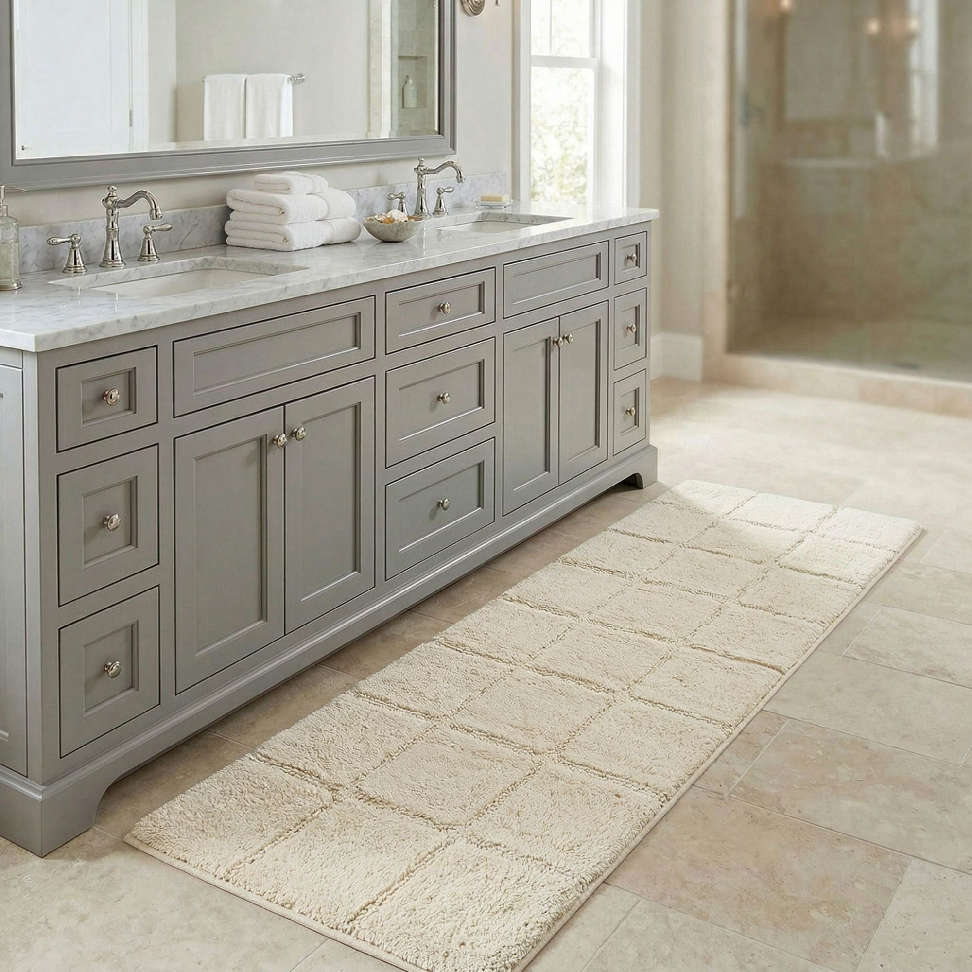 Superior Checkered Cotton Washable Non-Slip Bath Rug, Runner Size, Ivory
