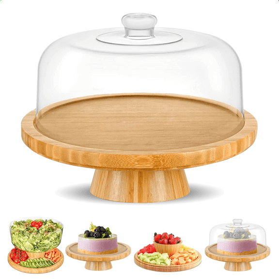 Bamboo Cake Stand with Dome Cover - Multi Function 6 in 1 Cup Cake Holder Serving Platter, 12.8 Inch Round Veggie Stand and Salad Bowl, Decorative Rustic Display Stand Cake Platter