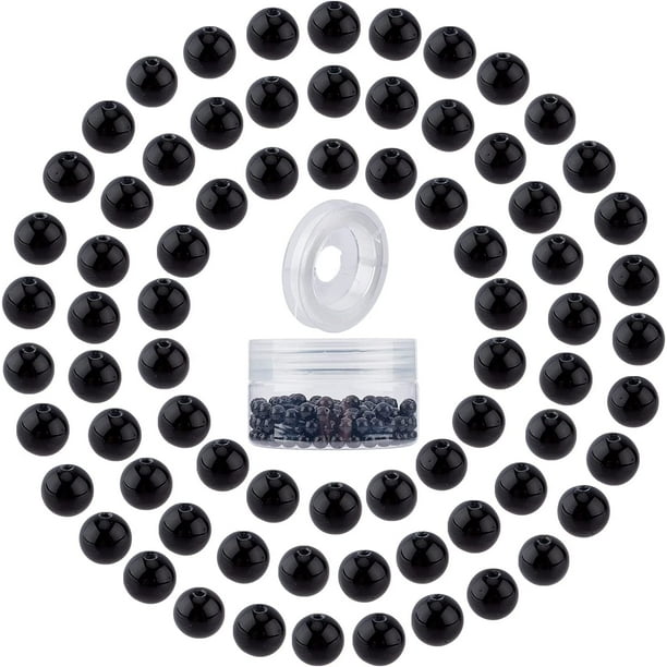 200 cuentas redondas de obsidiana negra de 6 mm, semipreciosas, con hilo elástico y recipientes de plástico para pulseras, collares, pendientes y bisutería.