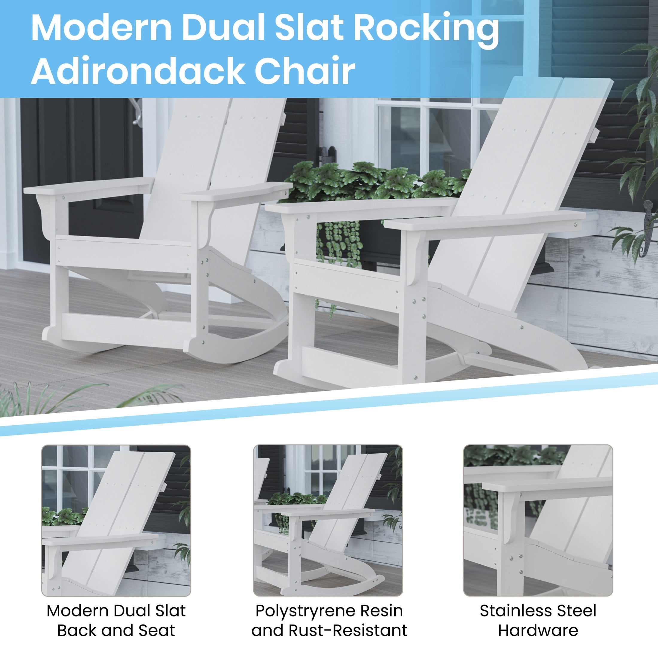 BizChair Modern Commercial Grade All-Weather 2-Slat Poly Resin Wood Rocking Adirondack Chair with Rust Resistant Stainless Steel Hardware in White