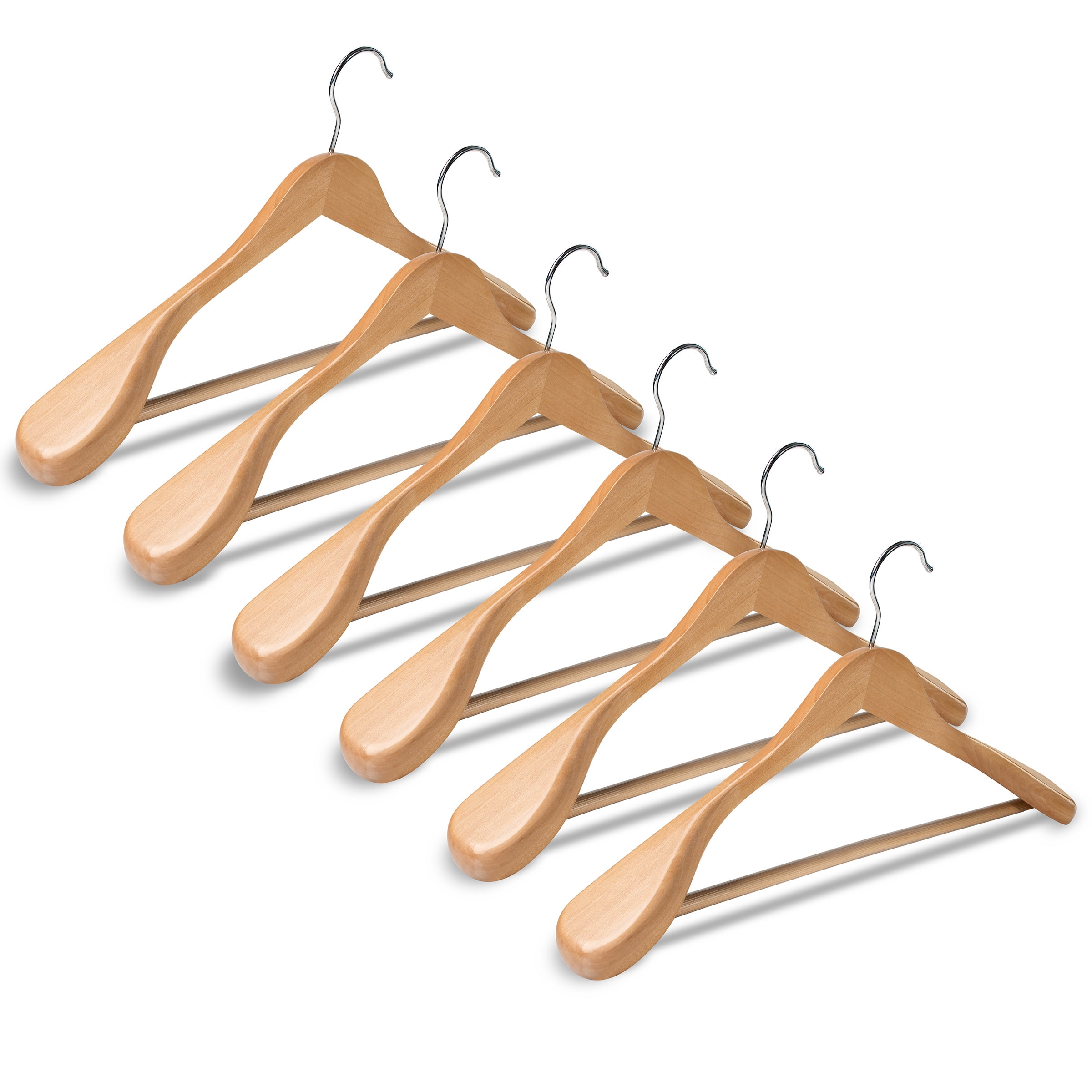 HighGrade Wide Shoulder Wooden Hangers 6 Pack with Non Slip Pants Bar
