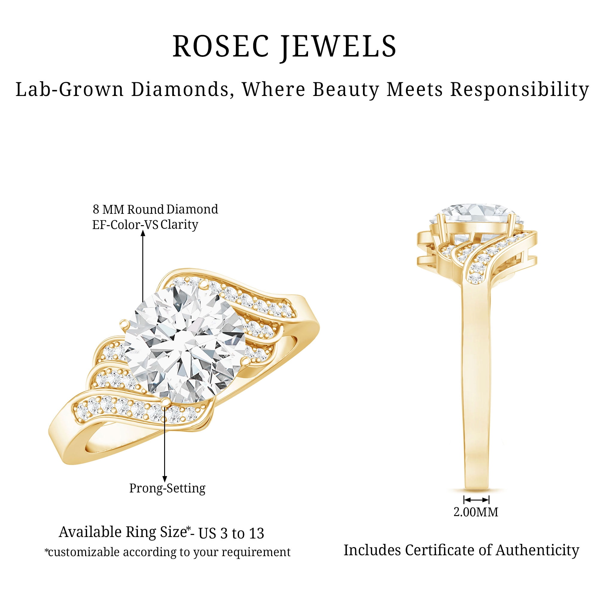 Rosec Jewels Lab Created Diamond Engagement Ring 2 Carat (EF-VS Certified) - Designer Ring for Women, 10K Yellow Gold, US 12.00