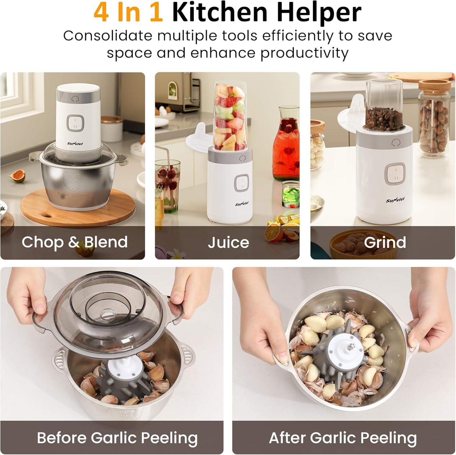 4-IN-1 Electric Food Processor with 350W Motor for Meat, Vegetables, Juicing & Coffee Grinding, Portable Blender with Stainless Steel Bowl and 2 Cups, White