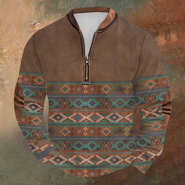 Blusas y camisas de manga larga con cuello redondo para hombre, talla grande, media cremallera, cuello redondo, estampado vintage, manga larga, poliéster