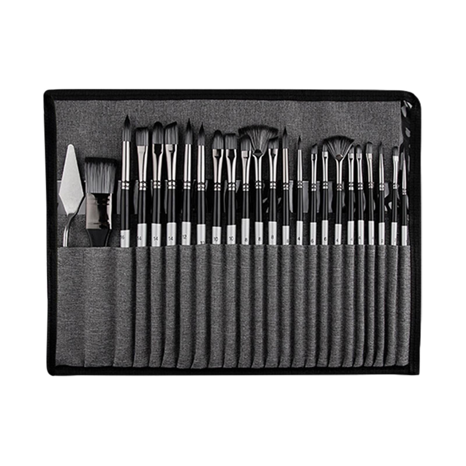 25Pcs Paint Brush Set Painting Brushes Professional Easy Cleaning Wood Handle Smooth Drawing Nylon Hair Paintbrushes with Storage Bag Gray