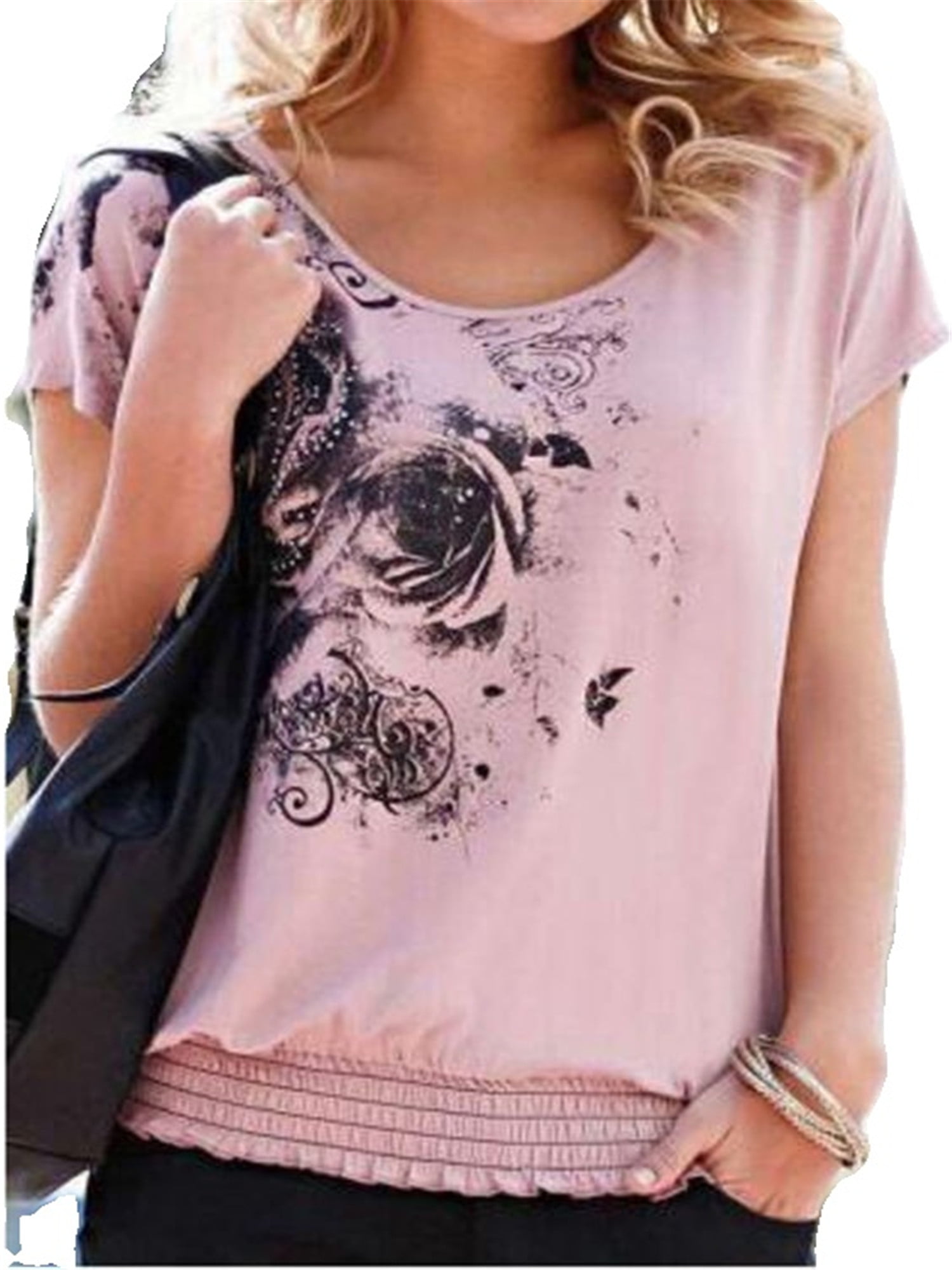 Casual Women Rose Flower Print Short Sleeve Crewneck Loose T-Shirt Tops Summer B