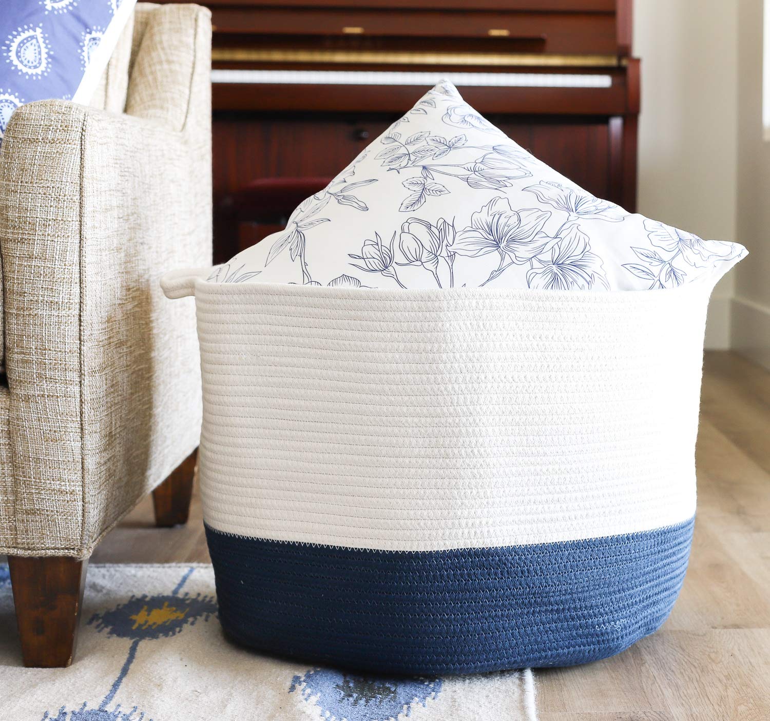 Chloe and Cotton XXXL Extra Large Woven Rope Basket with Handles for Storage - 15" H x 21.5" D - Navy White - image 3 of 5