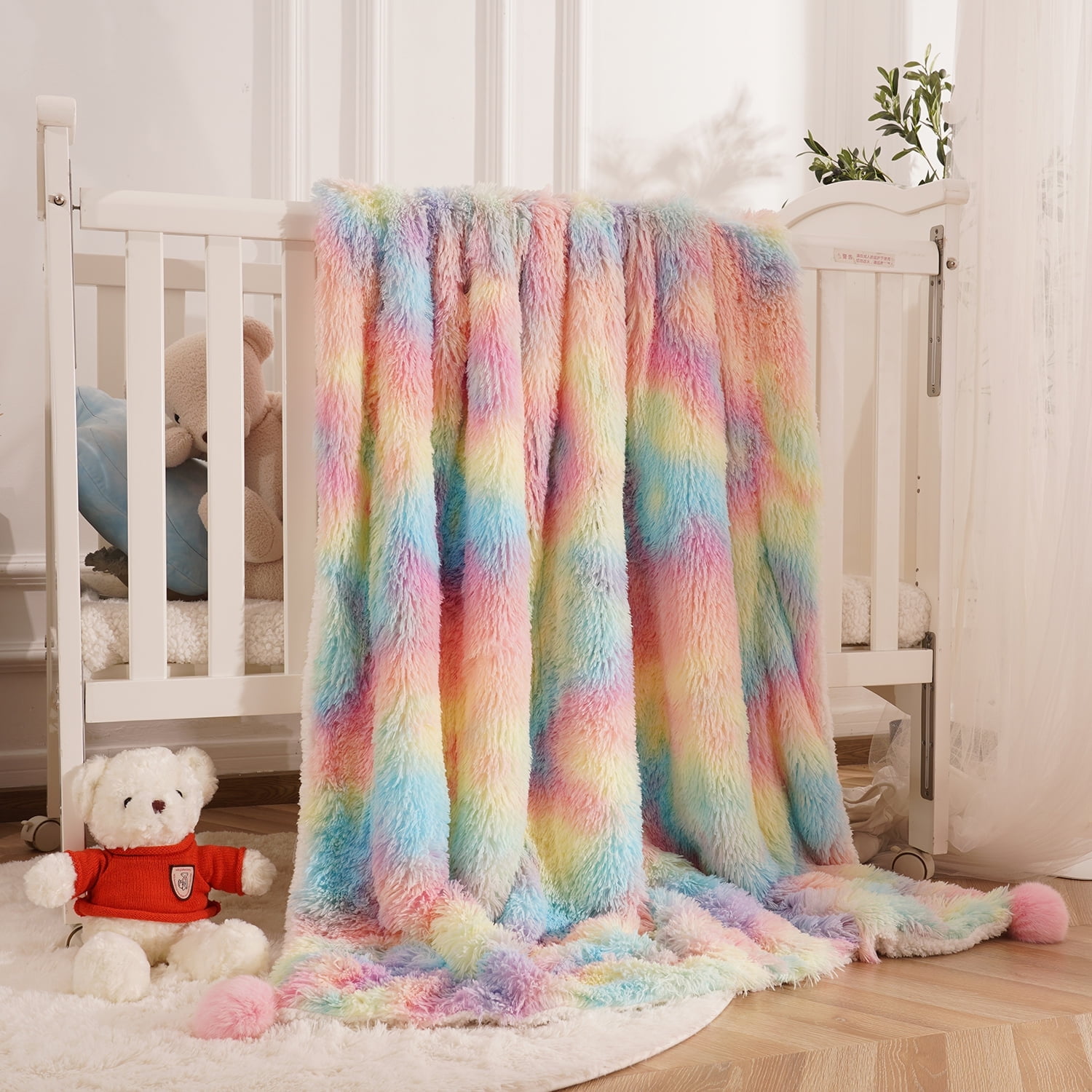 Lochas Plush Fluffy Rainbow Blanket with 4 Hairball for Couch Bed Sofa Kids Soft Blankets, 50"x60"