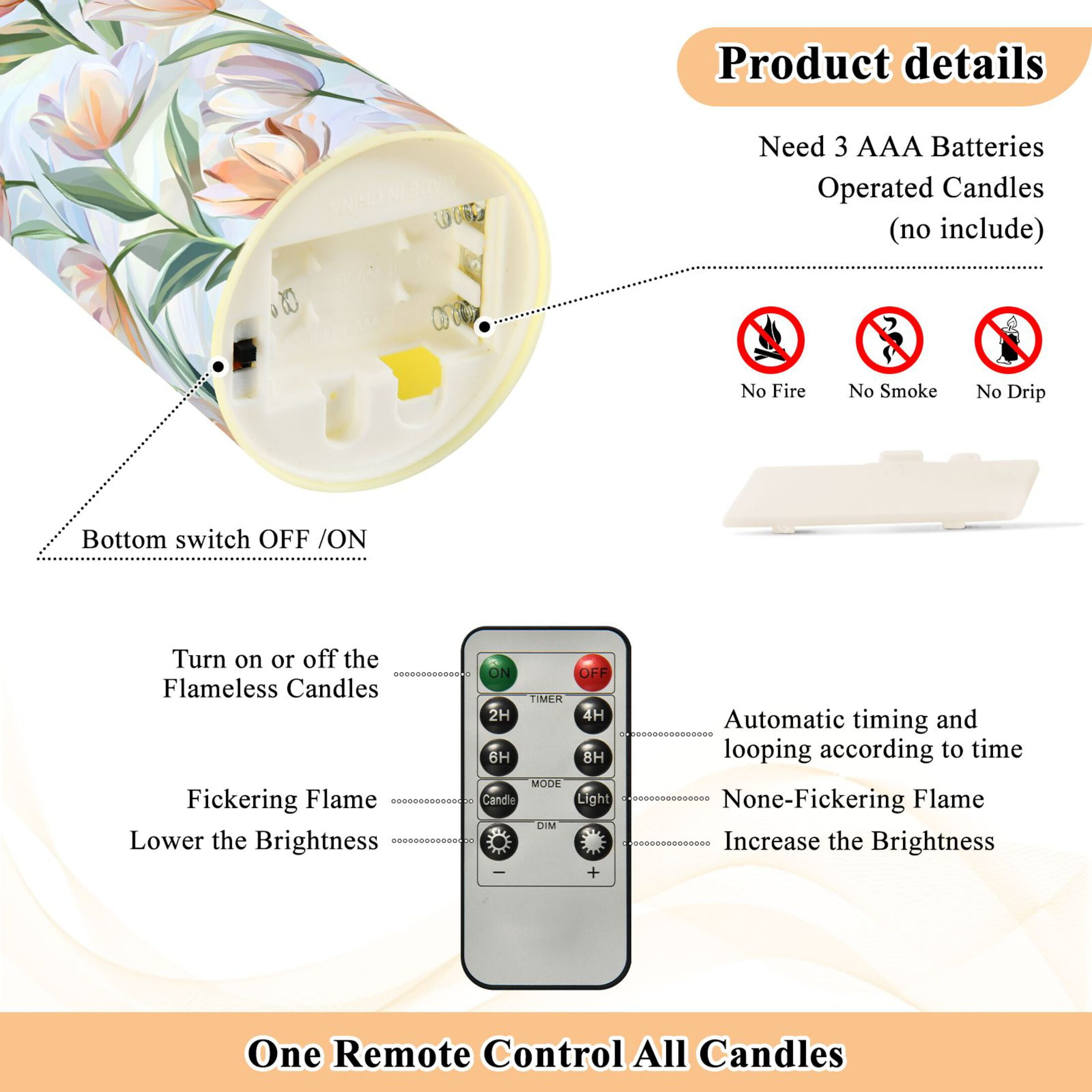 Soft Tulip Pattern Flameless Candles 2 PCS with Remote Realistic Moving Flame LED Tapered Pillar Set for Home Decor
