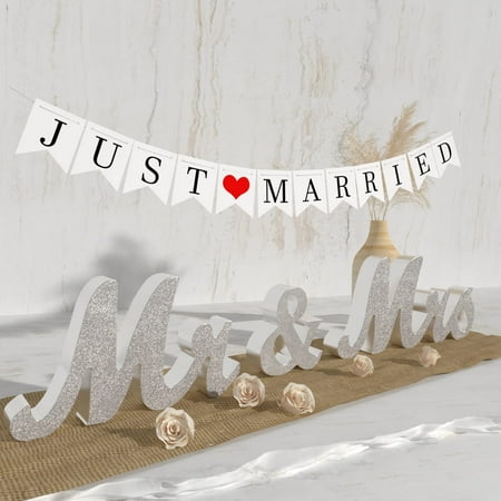 KINNO Mr and Mrs Sign & Just Married Banner,Mr & Mrs Signs for Wedding Table,Large Wooden Letters for Sweetheart Table,Photo Props Wedding decorations for Anniversary,Silver