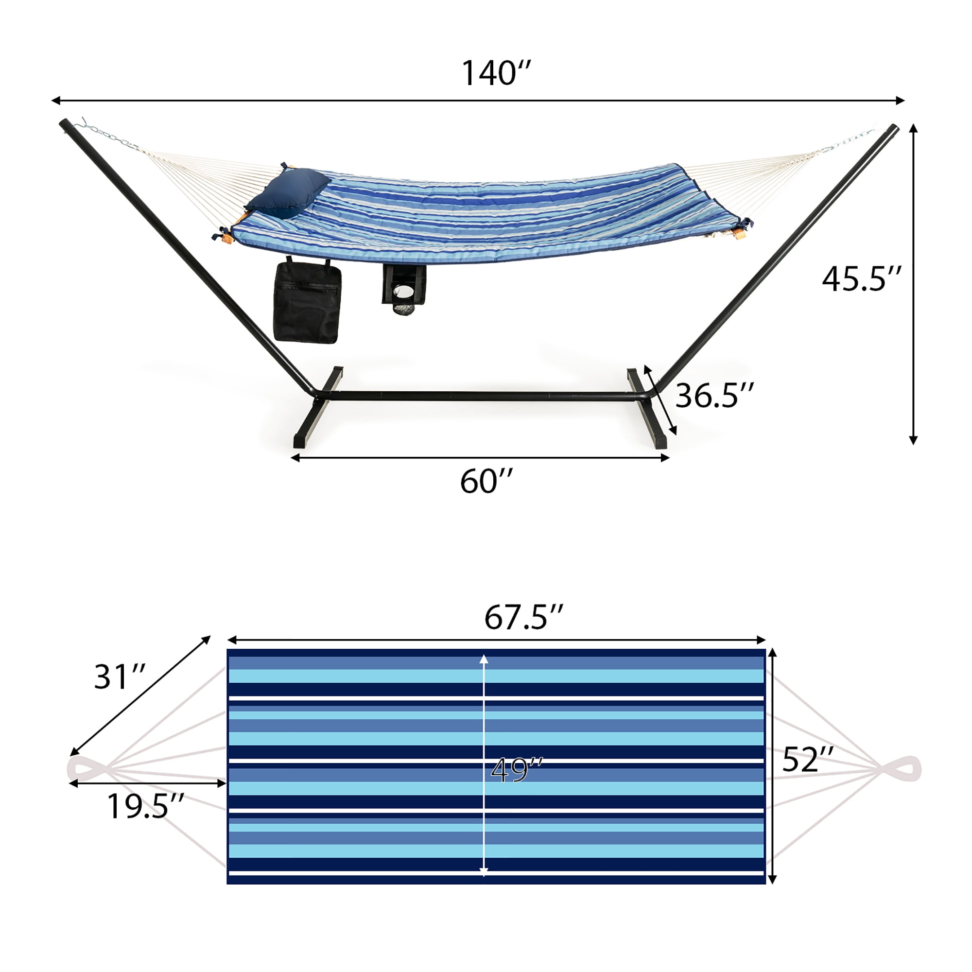 Costway Hammock Chair Stand Set Cotton Swing w/ Pillow Cup Holder Indoor Outdoor