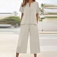 thumbnail image 5 of 2 Piece Linen Outfits for Women Loose Summer Loungewear Short Sleeve Button Up Shirt and Wide Leg Capri Pant Sets (XL, Khaki), 5 of 6