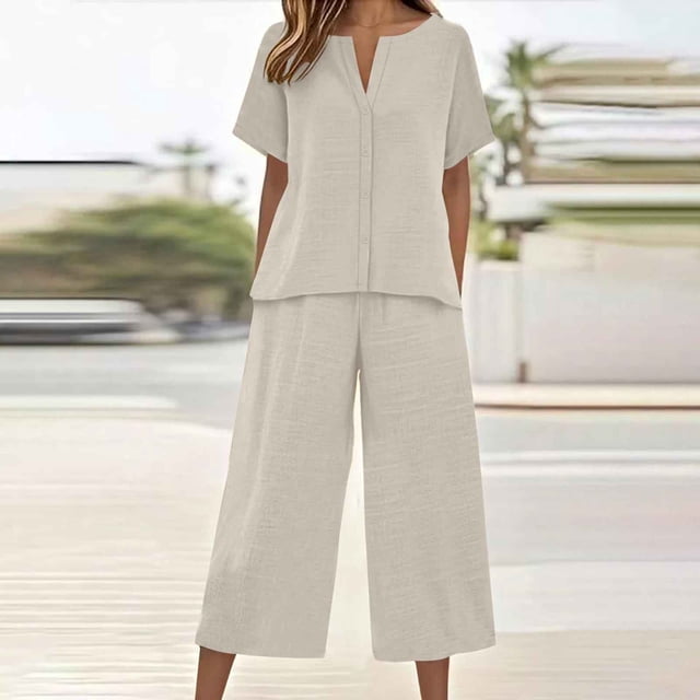 TaTaai Women Solid Color 2 Piece Linen Set Short Sleeve Button Shirt and Pocket Pants Loose Crew Neck Casual Summer Lightweight Breathable Machine Washable Daily Office Street Wear Gift