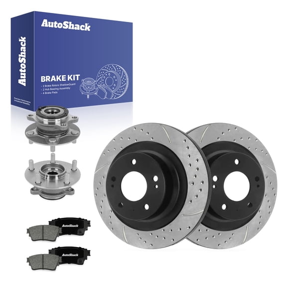 AutoShack Rear Solid Drilled & Slotted E-Coated Brake Rotors   Premium Ceramic Pads   Hub Bearing Assembly 8-PC Brake Kit Replacement for 2017-2020 Mitsubishi Outlander ShadowGuard 11.89" (302 mm)