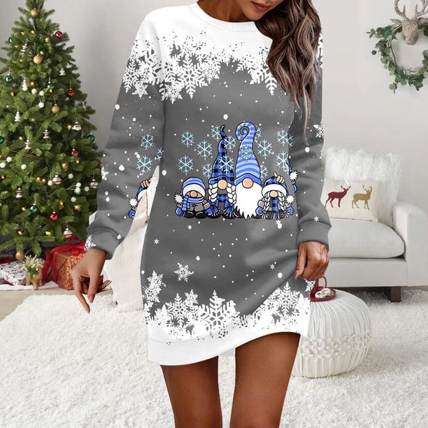 Vestidos Para Mujer Verano Vestido Cómodo Con Estampado de Feliz Navidad Para Mujer Sudadera Con Capucha de Manga Larga Vestidos Midi de Manga Larga Con Bolsillos