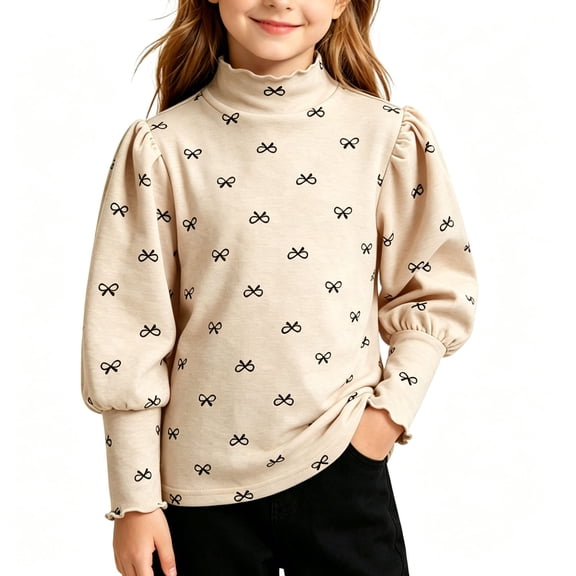 SERTGUTR Girls Turtleneck Top Ruffle Mock Neck Puff Sleeve Allover Bow Print Fleece Lined Warm Casual Base Layering Shirt