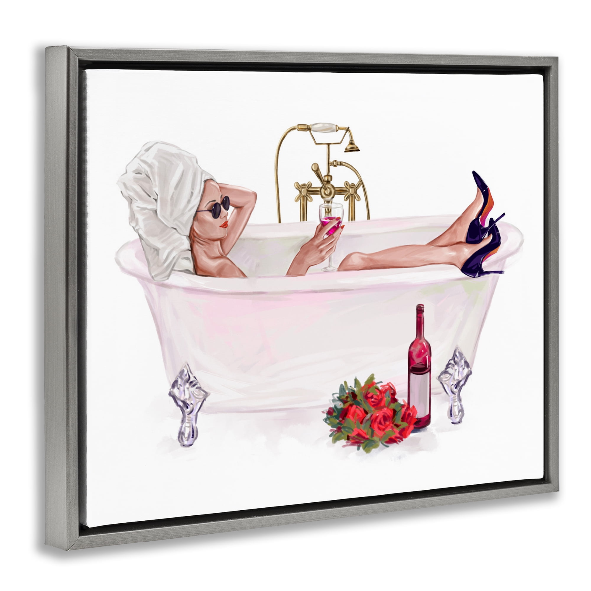Woman with Wine Bath Gray Framed Floater Canvas Wall Art, design by Ziwei Li