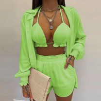 Tbopshirt Women's 2 Piece Outfits Women's Summer Three Piece Printed Lantern Sleeve Shirt Shorts Strap Fashion Casual Set Wide Leg Pants