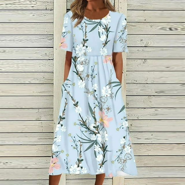 Robes d'Été Décontractées pour Femmes Boho Plissées Longueur Genou Évasées Midi de Fête Plage Robe Imprimé Floral Manches Courtes Robes de Soleil pour Femmes Plus Robes Col Rond Vacances