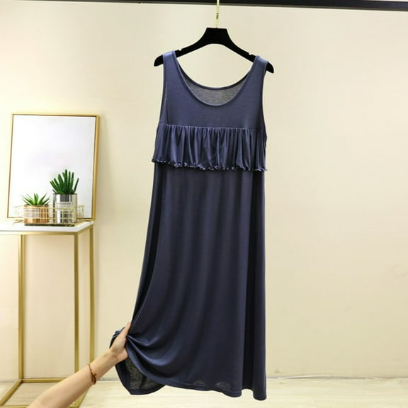 Royisotas Womens Nightgowns Sleeveless Summer Pajamas Long Solid Color Loose Crew Neck Comfortable Sleepwear for Ladies Cotton