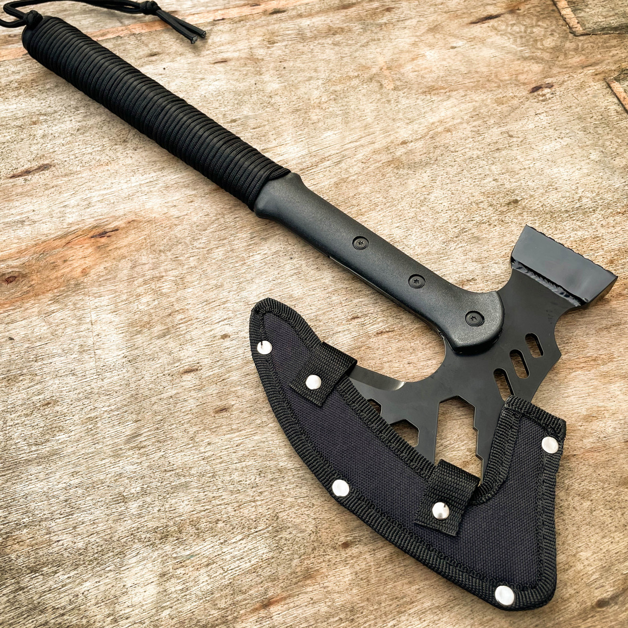MULTI-TOOL HAMMER AND AXE WITH SHEATH - STAINLESS STEEL HEAD, TPU HANDLE, PARACORD-WRAPPED - LENGTH 18