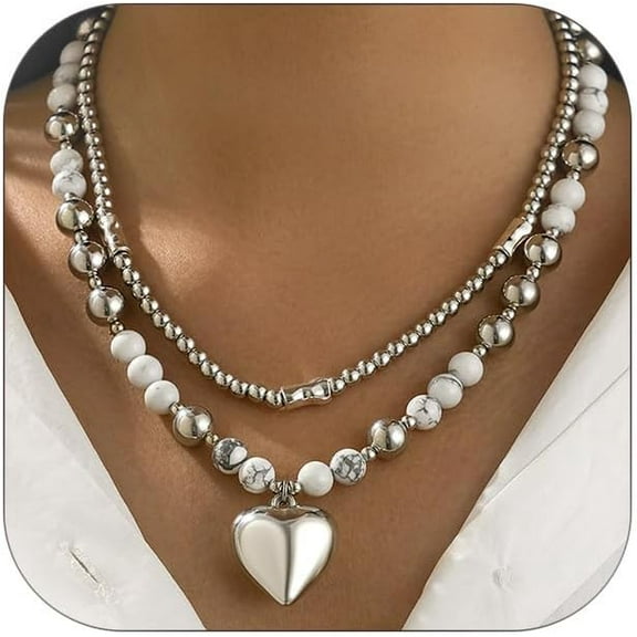 Chunky Heart Necklace for Women Non Tarnish Silver Beaded Necklace Dainty Layered Choker Trendy Toggle Necklace Titanium Stainless Steel Chain
