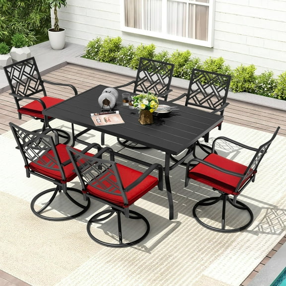 Nuu Garden Outdoor 7-Piece Metal Patio Dining Set, 61'' x 37'' Rectangle Table with 1.6'' Umbrella Hole and 6 Swivel Chairs with Red Cushions, All-Weather Outdoor Furniture Set, Black and Red