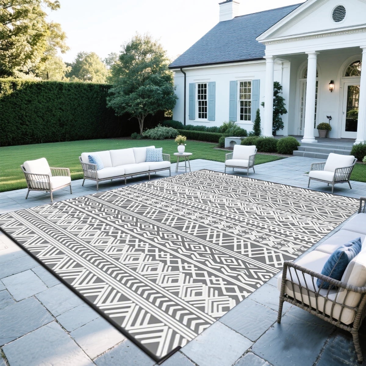 Kzaei Waterproof Outdoor Rug, 9'x12' Reversible Plastic Camping Area Rugs, Gray & White