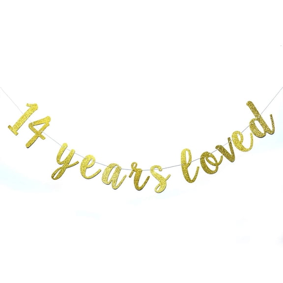 14 Years Loved Banner Sign Gold Glitter for 14th Birthday Party Decorations Anniversary Decor Pre-assembled Bunting Photo Booth Props